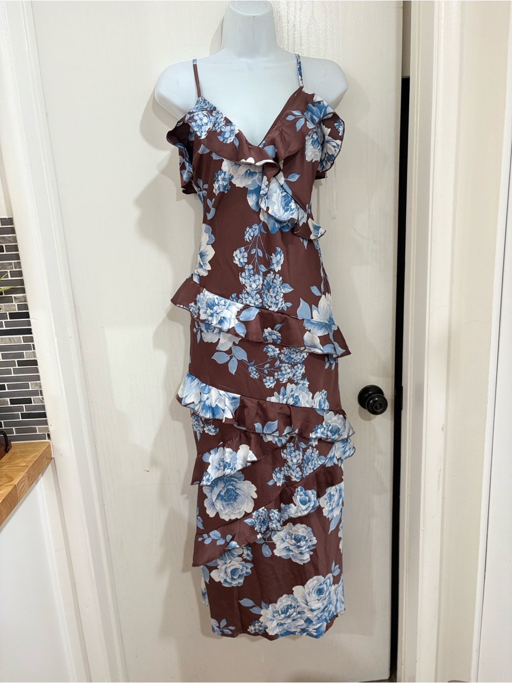 Crystal Doll Brown Midi Dress with Blue Floral Print